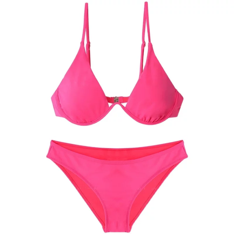 Fluorescence fuchsia sexy split supporting swimwear