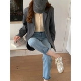 Приталенные весенние джинсы, штаны, высокая талия, свободный прямой крой, по фигуре