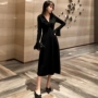 Thu đông 2019 mới size lớn dành cho nữ Hepburn Váy đen nhỏ Đầm đen cổ chữ V dáng dài midi đầm dài tay - Cộng với kích thước quần áo áo thun nữ đẹp