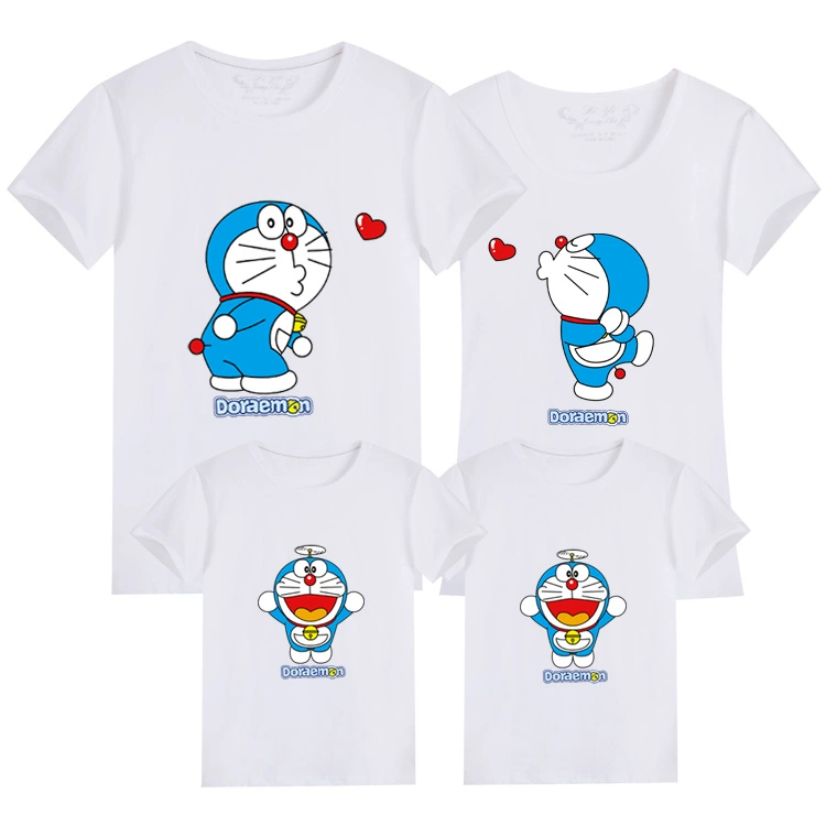 Cha mẹ và con Gia đình Ba hoặc Bốn Gia đình Gia đình Mẹ Nữ Áo ngắn Doraemon Áo thun cotton Mẫu giáo Hoạt động lớp Dịch vụ - Trang phục dành cho cha mẹ và con