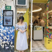 Dora Chaoren Hội Trường Hồng Kông hương vị retro chic lá sen vuông cổ áo kẻ sọc đầm gió nhẹ nhàng mỏng váy nữ mùa hè
