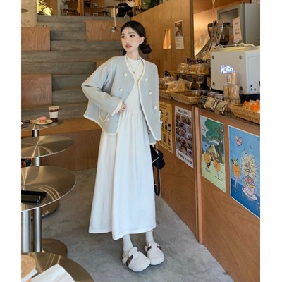 taobao agent Knitted demi-season dress with sleeves, woolen jacket, set, plus size, long sleeve, Chanel style