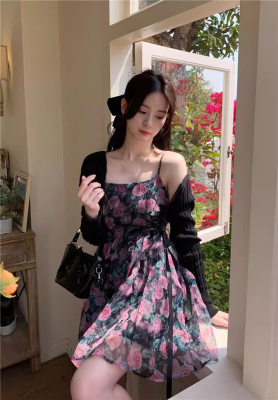 taobao agent Lace dress, white cardigan, set, plus size, french style, floral print, fitted