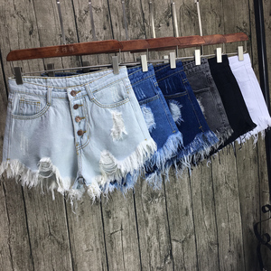 Cao eo khóa lỗ quần short denim nữ sinh viên cạnh thô 2018 mùa hè Hàn Quốc phiên bản là mỏng hoang dã một từ rộng chân quần nóng