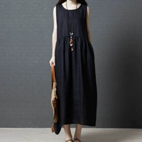 Kích thước lớn mùa hè phiên bản Hàn Quốc của vải lanh thông thường lỏng lẻo Một chiếc váy không tay màu rắn áo vest và váy lanh - A-Line Váy váy chữ a dài