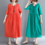 Mùa hè mới Hàn Quốc văn học kích thước lớn lỏng linen đu lớn váy V-Cổ dài tay áo giản dị cotton và linen dress