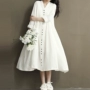Mori cô gái 2018 mùa xuân mới Hàn Quốc phiên bản của văn học dòng lớn linen ăn mặc bat tay áo v-cổ dài tay cotton và linen ăn mặc váy dài xếp ly