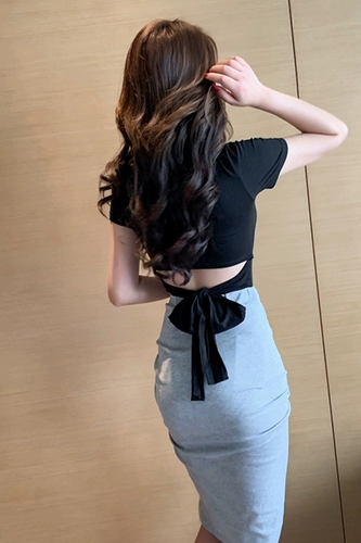 Сексуальная футболка с бантиком, короткий рукав, облегающий крой