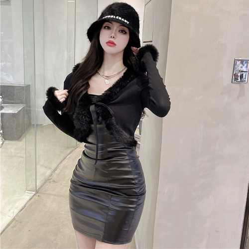 Зимний сексуальный полиуретановый топ без лямок, нагрудная сумка, куртка, комплект, популярно в интернете, с акцентом на бедрах