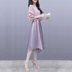 2018 mùa hè mới Hàn Quốc phiên bản của mỏng một vai sọc đèn lồng tay áo phần dài không thường xuyên giả hai mảnh váy 	váy nhún phần eo	 Váy eo cao