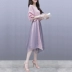 2018 mùa hè mới Hàn Quốc phiên bản của mỏng một vai sọc đèn lồng tay áo phần dài không thường xuyên giả hai mảnh váy 	váy tôn eo	 Váy eo cao