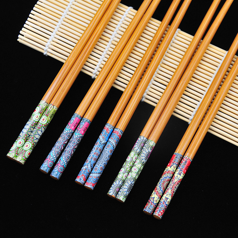 天竹日式家用印花环保健康筷子10双装厨房酒店用防滑吃饭用竹筷子