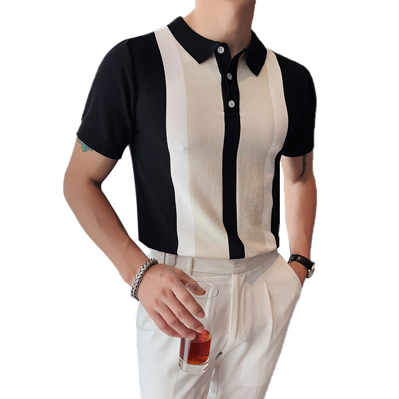 Summer light, breathable, lapel short-sleeved T-shirt for young men, business fashion, striped and color-blocked slim-fit knitted POLO shirt Item Picture