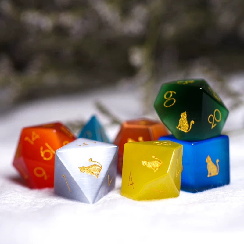 Dice, board game, cat's eye, with gem, full set, custom-made, cat