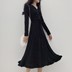 Mùa thu Mới Hồng Kông Phong Cách Retro Slim Ren Cao Eo V-Cổ Dài Tay Áo Dài Váy Gỗ Ear Knit Dress đầm xòe váy đầm