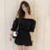Mùa hè Hàn Quốc chic gỗ tai nếp gấp màu rắn từ cổ áo túi hip váy đàn hồi cao eo slim dress nữ