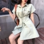 Mùa hè Hàn Quốc phiên bản của ve áo sang trọng hoang dã ngắn tay đơn ngực đầm eo tie giảm béo Một từ váy nữ kiểu đầm xòe