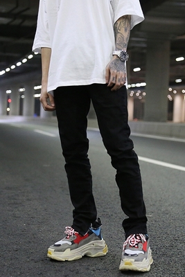 Châu âu và Hoa Kỳ phong cách đường phố cao cơ bản phía dây kéo chân jeans KANYE cùng có tay nghề căng quần jean màu đen Cao bồi