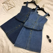 2018 mùa xuân và mùa hè mới Han Fan lão hóa retro đơn ngực dress nữ mùa xuân eo cao là mỏng denim dây đeo váy