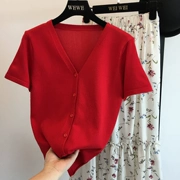 2018 mùa hè phong cách đơn giản màu rắn V-Cổ phía trước ngắn trở lại side khe dài đơn ngực cardigan ngắn tay đan áo sơ mi nữ