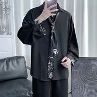 Свежая черная рубашка, трендовый галстук, в корейском стиле, осенняя, длинный рукав
