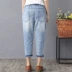 Mùa hè 2019 phiên bản Hàn Quốc của hoa dại thêu chim thun co giãn dây rút bảy chiếc quần jeans nữ - Quần jean quần jean nữ lưng cao Quần jean