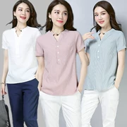 Áo thun cotton và vải lanh tay ngắn cho nữ 2019 hè mới che bụng đã mỏng mỏng size lớn trắng lanh top - Áo phông