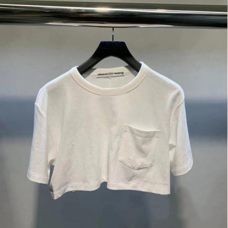 WhiteDawang family aw easy white Short sleeve T-shirt female summer pure cotton Patch pocket Super short Sense of design Show thin Minority jacket