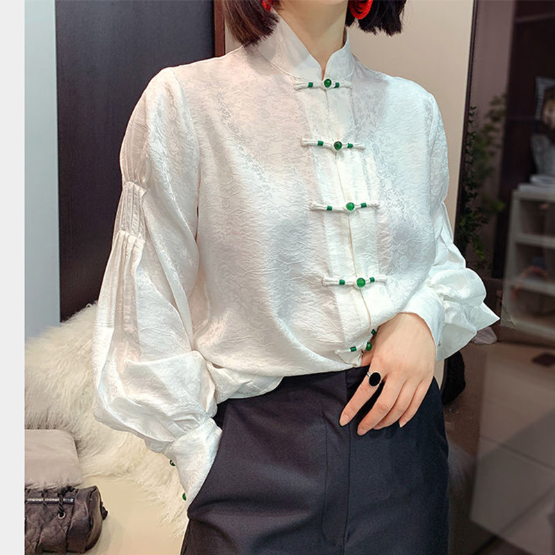 New Chinese-style Silk Shirt Women's Long-sleeved Spring Mid-length National Style Buckle Cardigan High-end Tang Coat Xiangyun Satin Top