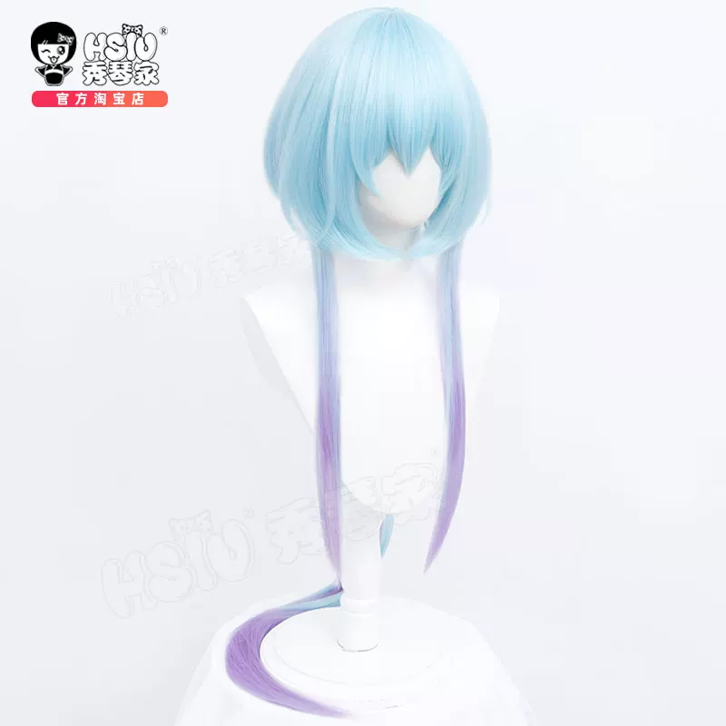 Wig, ear clips, blue earrings, cosplay, four-leaf clover, gradient