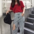 Quần jeans lỗ nữ xã hội xuân hè 2018 phiên bản mới của Hàn Quốc có phần eo cao buông lơi là quần ống suông giản dị Hồng Kông giản dị