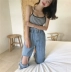 Hàn quốc phiên bản của vui tươi cẩn thận máy phù hợp với nữ mùa hè hai mảnh sọc vest + lỗ lỏng chín điểm jeans đồ bộ pijama Bộ đồ