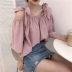 Mùa hè 2018 mới của Hàn Quốc phiên bản của lỏng hoang dã từ vai rò rỉ xương đòn áo sơ mi Hong Kong hương vị retro chic áo sơ mi nữ triều áo sơ mi kẻ Áo sơ mi