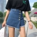 Quần short denim phụ nữ cao eo mùa hè 2018 mới Hàn Quốc phiên bản của bất thường khâu chia một từ rộng chân quần váy quần quần bò chun Quần jean