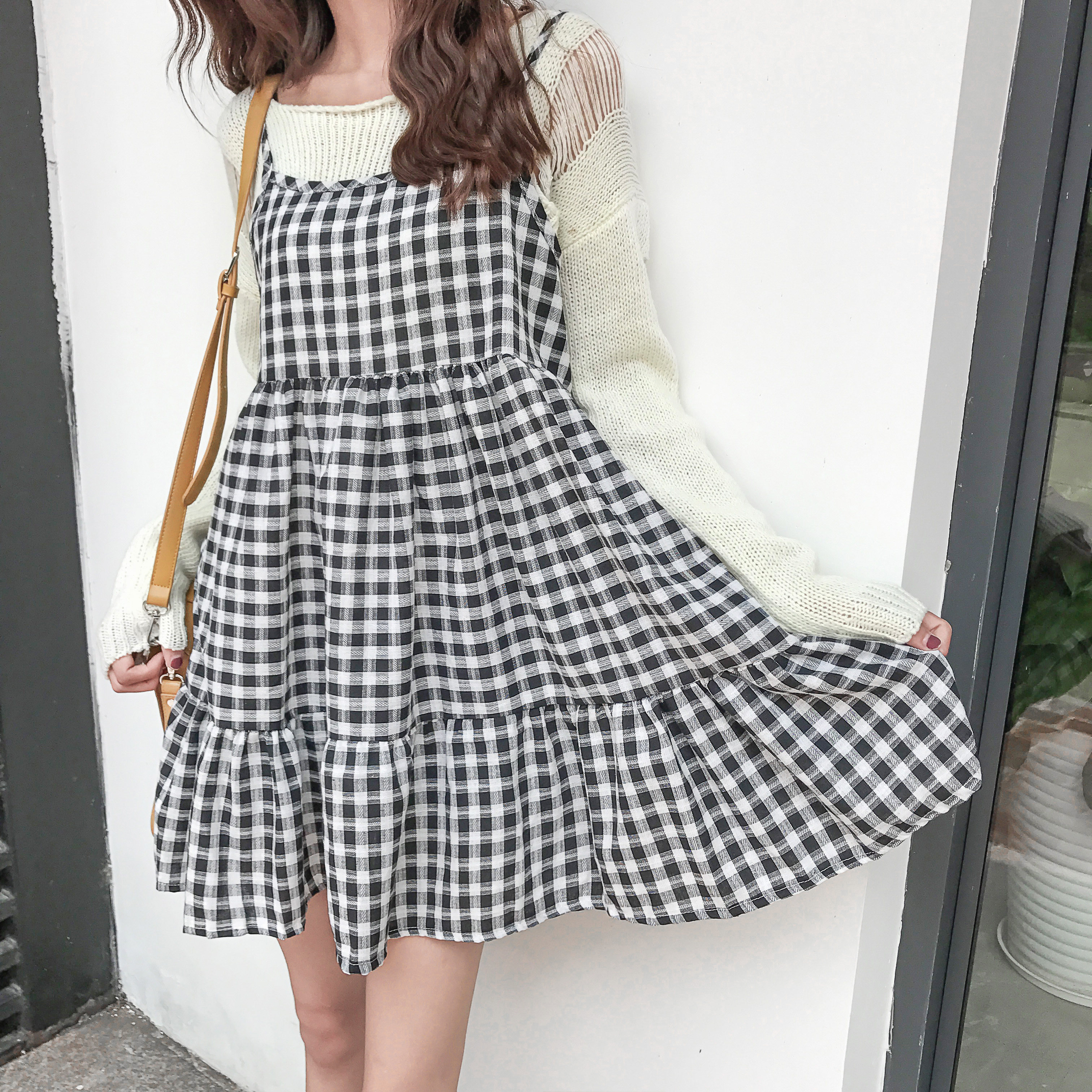 复古格子黑白吊带连衣裙 1015# 实拍 实价