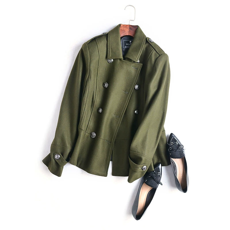 Quần áo nữ cao cấp Châu Âu Quần áo đẹp trai quân đội thắt lưng màu xanh lá cây ve áo dài tay len cỡ lớn áo khoác ngắn - Áo khoác ngắn