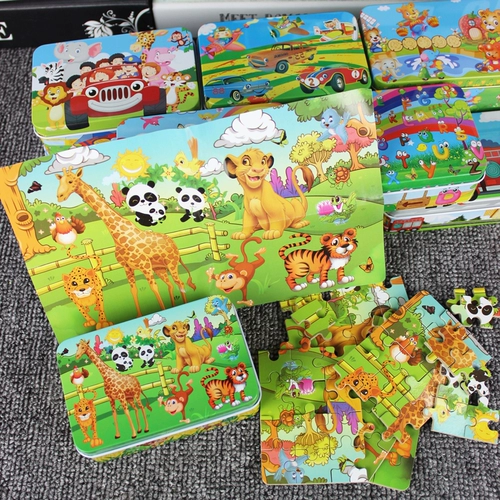 Деревянная мультяшная головоломка, жестяная коробка для детского сада, интеллектуальная игрушка, 60 штук, раннее развитие, 2-4-6 лет