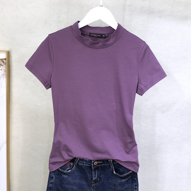 半高领立领纯白色短袖女t恤春夏装上衣服纯棉半袖修身紧身打底衫