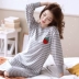 Dài tay bông áo ngủ nữ phần dài của mùa xuân và mùa thu Hàn Quốc phụ nữ mang thai lỏng lẻo sọc đồ ngủ gối XL tracksuit mùa đông váy đầm