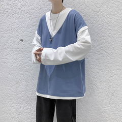 Autumn men's long sleeve loose sweater autumn fake two T-shirts ins fashion brand 2020 new top bottom coat