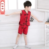 Летнее детское этническое ханьфу для мальчиков, нарукавники для раннего возраста, комплект, этнический стиль, из хлопка и льна, короткий рукав