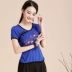 Trung quốc phong cách của phụ nữ áo thêu gió quốc gia mùa hè ăn mặc thêu ngắn tay t-shirt nữ kích thước lớn cotton mỏng đáy áo sơ mi áo phông trơn Áo phông