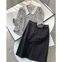 Шифоновая длинная рубашка, черная юбка, комплект, V-образный вырез, короткий рукав, средней длины