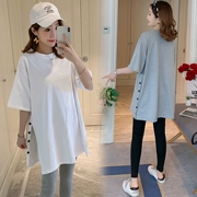 Phụ nữ mang thai hè 2019 thời trang Phụ nữ mang thai cotton mới màu ngắn tay + quần âu giản dị hoang dã hai mảnh - Áo thai sản