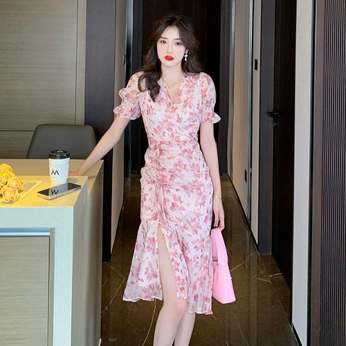 Летняя шифоновая мини-юбка, розовое платье, 2024 года, рукава фонарики, V-образный вырез, подходит для подростков, облегающий крой, крой «рыбий хвост»