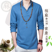 Mùa thu phong cách Trung Quốc linen dày linen áo sơ mi nam cổ áo loose nam cotton linen dài tay t-shirt kích thước lớn nam quần áo