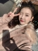 Li Yuwei mùa đông Hàn Quốc phiên bản loose loose tóc lót da lộn màu hồng bông coat cổ áo lông thú lớn dài tay áo khoác Bông