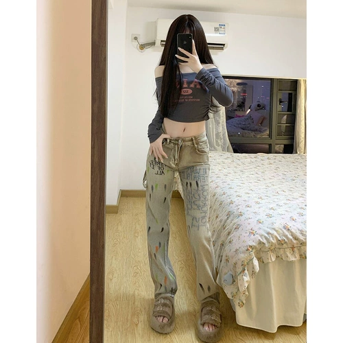 Tide, осенние джинсы, штаны, в американском стиле, с вышивкой, высокая талия, свободный прямой крой