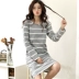 Váy ngủ nữ mùa thu cotton dài tay Hàn Quốc cộng với phân bón XL đồ ngủ sọc dài phần nhà dịch vụ mùa xuân có thể mặc bên ngoài đồ mặc nhà Đêm đầm