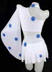 костюм pole dance 钢管舞演出比赛服拍摄写真，宝蓝色花斜肩绣纱烫钻分体款，连体款